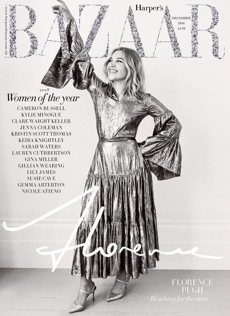 Florence Pugh — Harper's Bazaar UK, December 2018, hair by Gareth Bromell