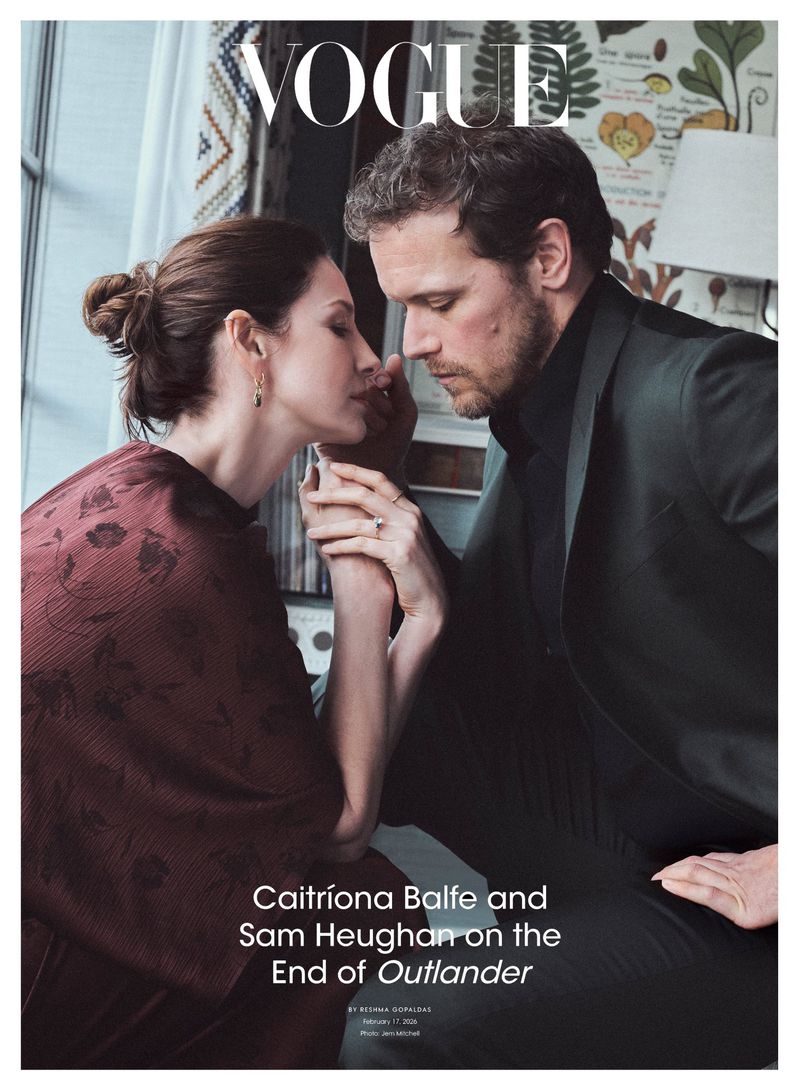 Caitríona Balfe · Sam Heughan — British Vogue, February 2026 · Digital cover, hair by Gareth Bromell
