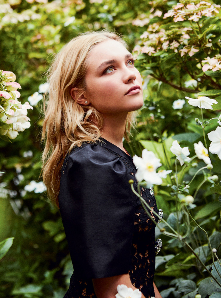 Florence Pugh — Harper's Bazaar UK, December 2018, hair by Gareth Bromell